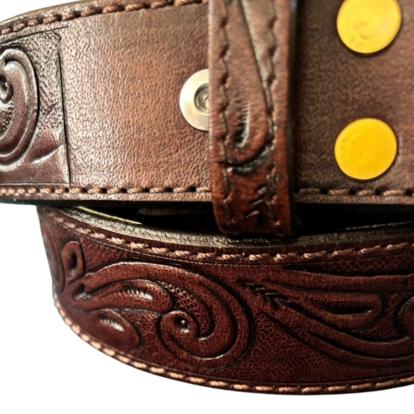 Hilason Genuine Leather Tooled Western Belt Size 36” Dk Brown Silver Buckle - Picture 2 of 6